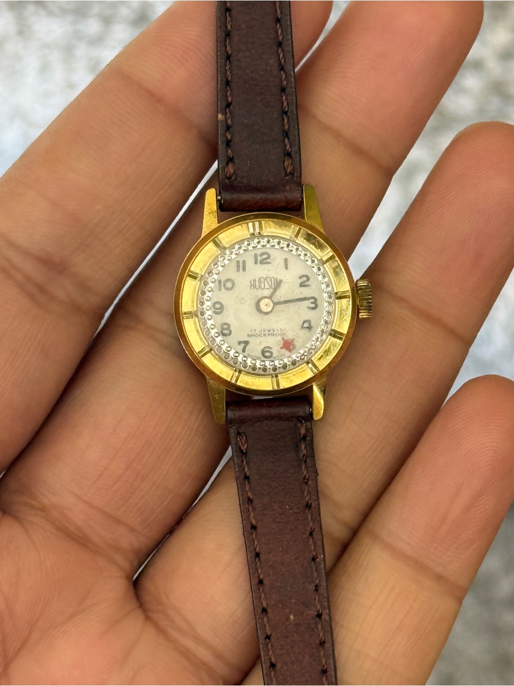 Hudson Itraco Jeans Gold 17 Jewels Vintage Tone Watch With Brown Leather Rare